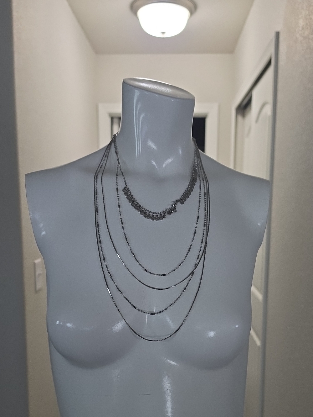 Buckle Multi-Layer Silver-Tone Necklace with Beaded Accent
